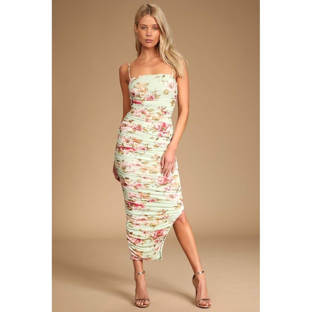 PRIVY Mint Green Floral Ruched Midi Dress Romantic Bodycon Size‎ M